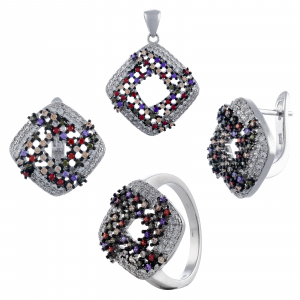Produse - Set din argint 925 rodiat  (cercei+pandantiv+inel), Piatra: cubic zirconia, Culoare : multicolor , Sonis Silver
