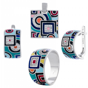 Produse - Set din argint 925 rodiat (cercei+pandantiv+inel), Piatra: email si cubic zirconia, Culoare: multicolor, Sonis Silver