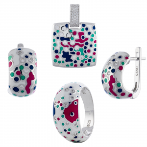Produse - Set din argint 925 rodiat (cercei+pandantiv+inel), Piatra: email si cubic zirconia, Culoare: multicolor, Sonis Silver