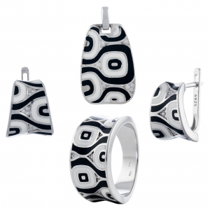 Seturi bijuterii cu email - Set din argint 925 rodiat (cercei+pandantiv+inel), Piatra: email si cubic zirconia, Culoare: alb, negru  si transparent, Sonis Silver