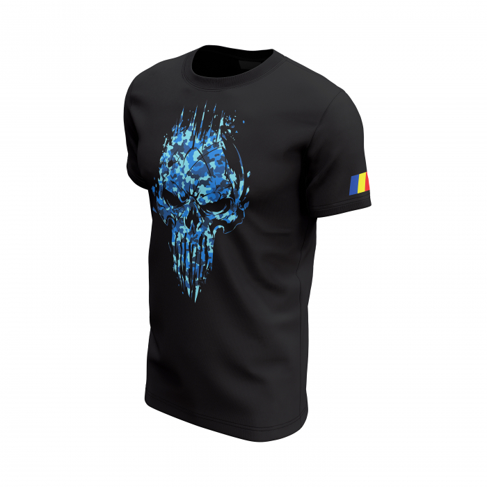 Craniu în Camuflaj Albastru - Tricou Premium din Bumbac 100%, 190 GSM, Pre-Micșorat - Negru [3]