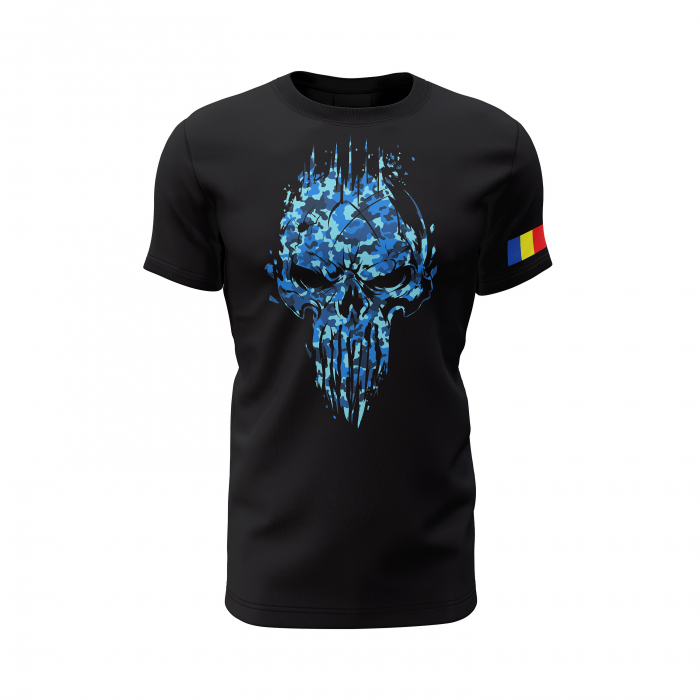 Craniu în Camuflaj Albastru - Tricou Premium din Bumbac 100%, 190 GSM, Pre-Micșorat - Negru [2]