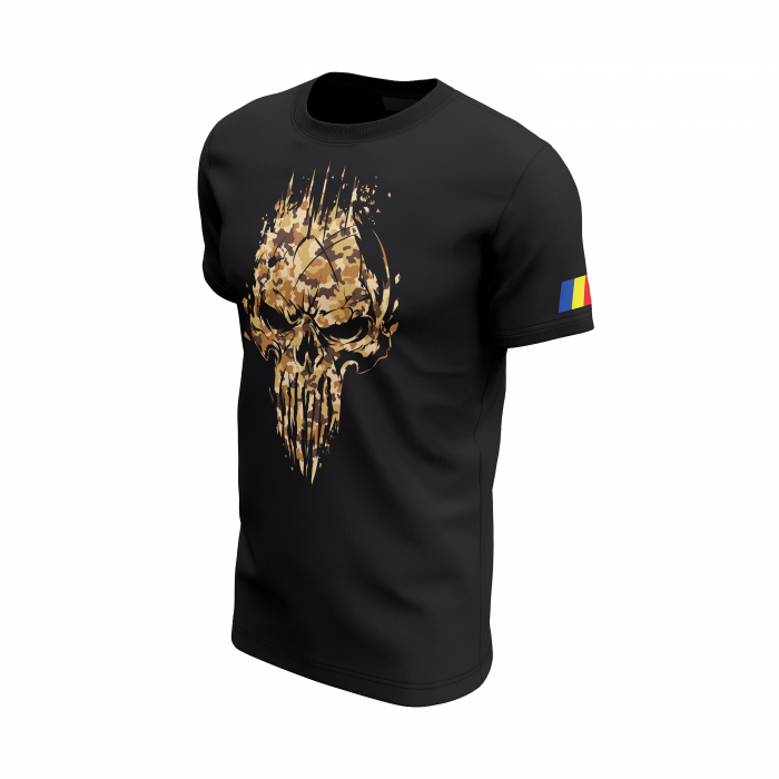 Craniu în Camuflaj Deşert - Tricou Premium din Bumbac 100%, 190 GSM, Pre-Micșorat - Negru [3]