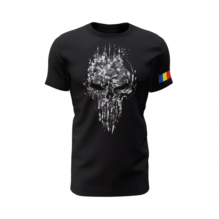 Craniu în Camuflaj Gri - Tricou Premium din Bumbac 100%, 190 GSM, Pre-Micșorat - Negru [2]