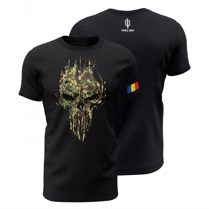 Craniu în Camuflaj Junglă - Tricou Premium din Bumbac 100%, 190 GSM, Pre-Micșorat - Negru [1]