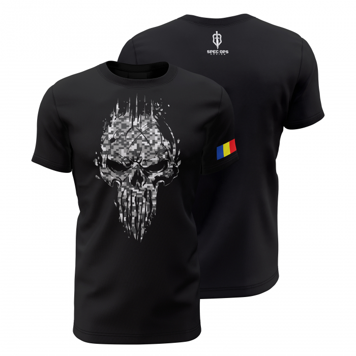Craniu în Camuflaj Urban Digital - Tricou Premium din Bumbac 100%, 190 GSM, Pre-Micșorat - Negru [1]