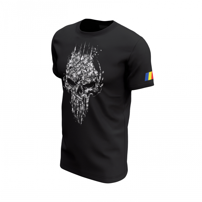 Craniu în Camuflaj Urban Digital - Tricou Premium din Bumbac 100%, 190 GSM, Pre-Micșorat - Negru [3]