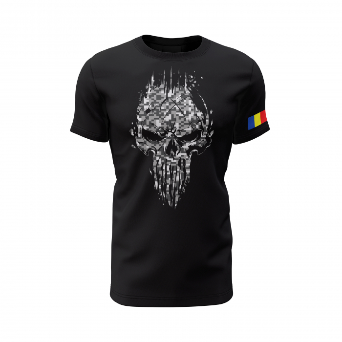 Craniu în Camuflaj Urban Digital - Tricou Premium din Bumbac 100%, 190 GSM, Pre-Micșorat - Negru [2]