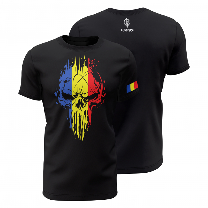 Craniu în Tricolor - Tricou Premium din Bumbac 100%, 190 GSM, Pre-Micșorat - Negru [1]