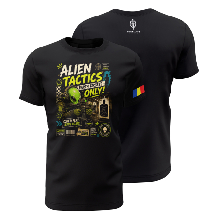 TIR SPORTIV [Arme de Foc] - Alien Tactics - Tricou Premium din Bumbac 100%, 190 GSM, Pre-Micșorat - Negru