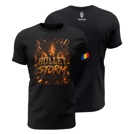 TIR SPORTIV [Arme de Foc] - Bullet Storm - Tricou Premium din Bumbac 100%, 190 GSM, Pre-Micșorat - Negru