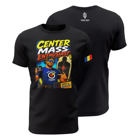 TIR SPORTIV [Arme de Foc] - Center Mass Enthusiast - Tricou Premium din Bumbac 100%, 190 GSM, Pre-Micșorat - Negru