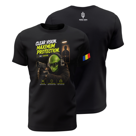 TIR SPORTIV [Arme de Foc] - Clear Vision Maximum Protection - Tricou Premium din Bumbac 100%, 190 GSM, Pre-Micșorat - Negru