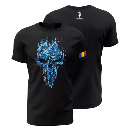 Craniu - Craniu în Camuflaj Albastru - Tricou Premium din Bumbac 100%, 190 GSM, Pre-Micșorat - Negru