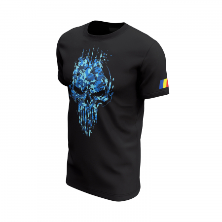 Craniu în Camuflaj Albastru - Tricou Premium din Bumbac 100%, 190 GSM, Pre-Micșorat - Negru [2]
