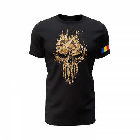 Craniu în Camuflaj Deşert - Tricou Premium din Bumbac 100%, 190 GSM, Pre-Micșorat - Negru [1]