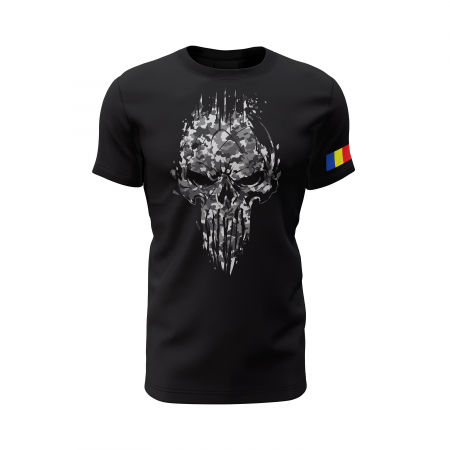 Craniu în Camuflaj Gri - Tricou Premium din Bumbac 100%, 190 GSM, Pre-Micșorat - Negru [1]