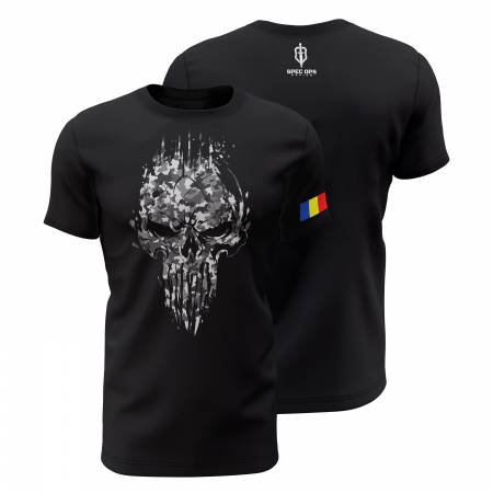 Toate Produsele Spec Ops Design - Craniu în Camuflaj Gri - Tricou Premium din Bumbac 100%, 190 GSM, Pre-Micșorat - Negru