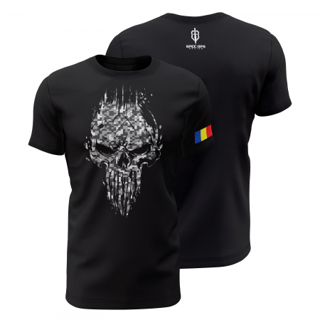 Craniu - Craniu în Camuflaj Urban Digital - Tricou Premium din Bumbac 100%, 190 GSM, Pre-Micșorat - Negru