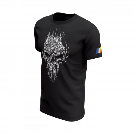 Craniu în Camuflaj Urban Digital - Tricou Premium din Bumbac 100%, 190 GSM, Pre-Micșorat - Negru [2]