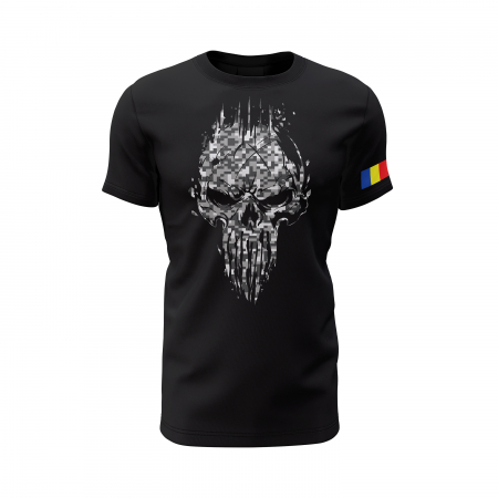 Craniu în Camuflaj Urban Digital - Tricou Premium din Bumbac 100%, 190 GSM, Pre-Micșorat - Negru [1]