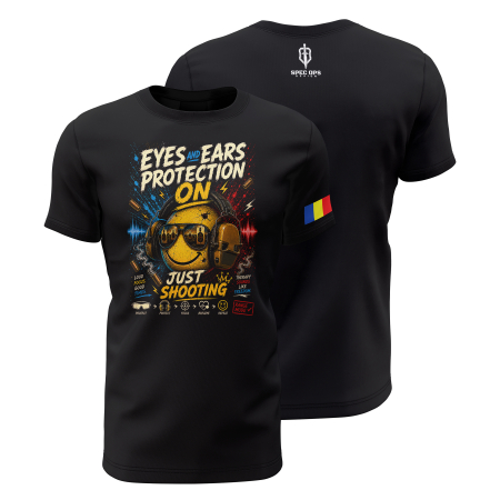 TIR SPORTIV [Arme de Foc] - Eyes And Ears Protection On V1.0 - Tricou Premium din Bumbac 100%, 190 GSM, Pre-Micșorat - Negru