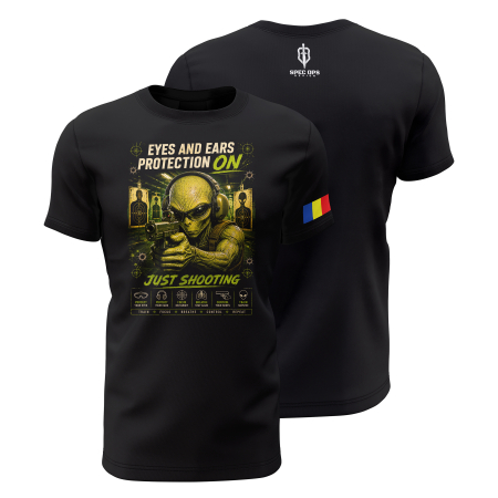 TIR SPORTIV [Arme de Foc] - Eyes And Ears Protection On V2.0 - Tricou Premium din Bumbac 100%, 190 GSM, Pre-Micșorat - Negru