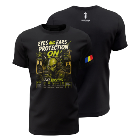 TIR SPORTIV [Arme de Foc] - Eyes And Ears Protection On V3.0 - Tricou Premium din Bumbac 100%, 190 GSM, Pre-Micșorat - Negru