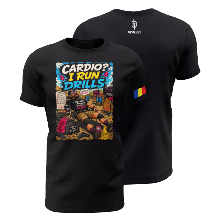 TIR SPORTIV [Arme de Foc] - I Run Drills - Tricou Premium din Bumbac 100%, 190 GSM, Pre-Micșorat - Negru