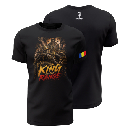TIR SPORTIV [Arme de Foc] - King Of The Range V2.0 - Tricou Premium din Bumbac 100%, 190 GSM, Pre-Micșorat - Negru