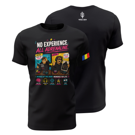 TIR SPORTIV [Arme de Foc] - No Experience All Adrenaline - Tricou Premium din Bumbac 100%, 190 GSM, Pre-Micșorat - Negru