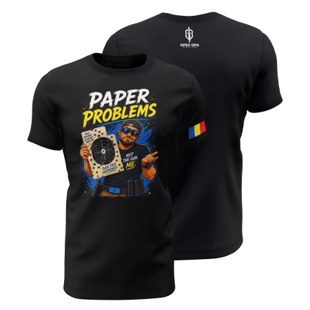 TIR SPORTIV [Arme de Foc] - Paper Problems - Tricou Premium din Bumbac 100%, 190 GSM, Pre-Micșorat - Negru