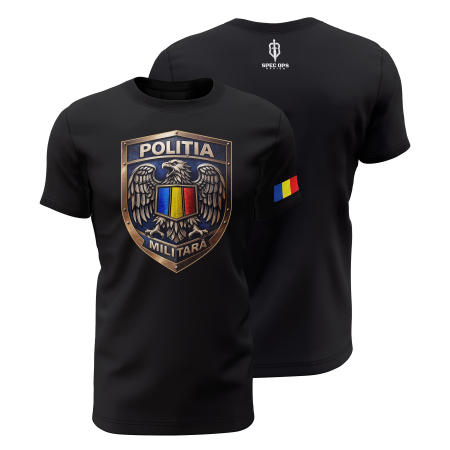 Toate Produsele Spec Ops Design - Emblema Poliția Militară - Tricou Premium din Bumbac 100%, 190 GSM, Pre-Micșorat - Negru