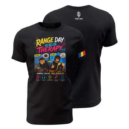TIR SPORTIV [Arme de Foc] - Range Day Therapy - Tricou Premium din Bumbac 100%, 190 GSM, Pre-Micșorat - Negru
