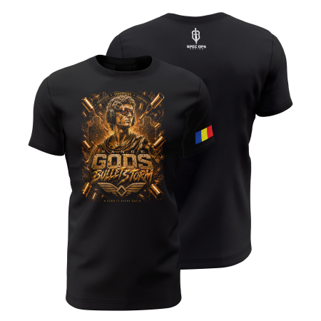 TIR SPORTIV [Arme de Foc] - Range Gods - Bullet Storm - Tricou Premium din Bumbac 100%, 190 GSM, Pre-Micșorat - Negru