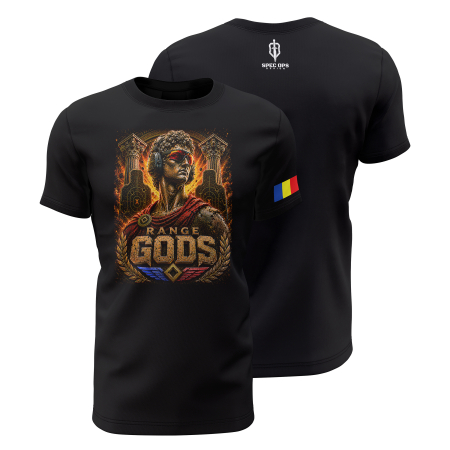 TIR SPORTIV [Arme de Foc] - Range Gods - Gold - Tricou Premium din Bumbac 100%, 190 GSM, Pre-Micșorat - Negru