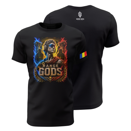 TIR SPORTIV [Arme de Foc] - Range Gods - Tricolor - Tricou Premium din Bumbac 100%, 190 GSM, Pre-Micșorat - Negru