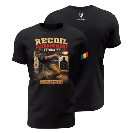 TIR SPORTIV [Arme de Foc] - Recoil Management Specialist - Tricou Premium din Bumbac 100%, 190 GSM, Pre-Micșorat - Negru
