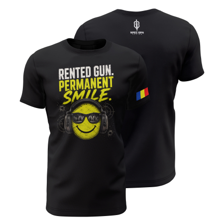 TIR SPORTIV [Arme de Foc] - Rented Gun Permanent Smile - Tricou Premium din Bumbac 100%, 190 GSM, Pre-Micșorat - Negru