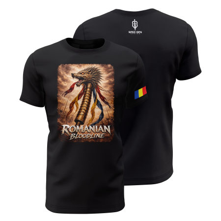 De Colecție - Romanian Bloodline - Stindard - Tricou Premium din Bumbac 100%, 190 GSM, Pre-Micșorat - Negru