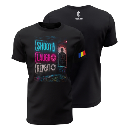 TIR SPORTIV [Arme de Foc] - Shoot, Laugh, Repeat! - Tricou Premium din Bumbac 100%, 190 GSM, Pre-Micșorat - Negru