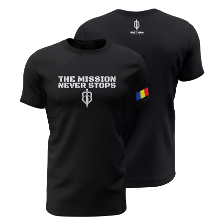 Motivațional - The Mission Never Stops - Tricou Premium din Bumbac 100%, 190 GSM, Pre-Micșorat - Negru