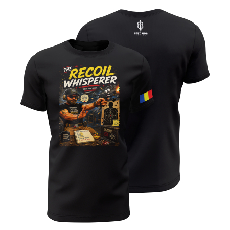 TIR SPORTIV [Arme de Foc] - The Recoil Whisperer - Tricou Premium din Bumbac 100%, 190 GSM, Pre-Micșorat - Negru