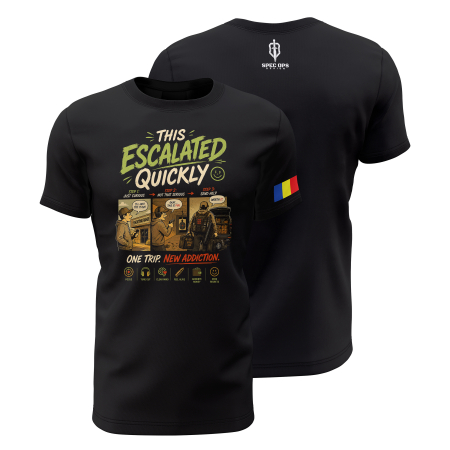TIR SPORTIV [Arme de Foc] - This Escalated Quickly - Tricou Premium din Bumbac 100%, 190 GSM, Pre-Micșorat - Negru