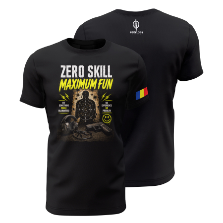 TIR SPORTIV [Arme de Foc] - Zero Skill Maximum Fun - Tricou Premium din Bumbac 100%, 190 GSM, Pre-Micșorat - Negru