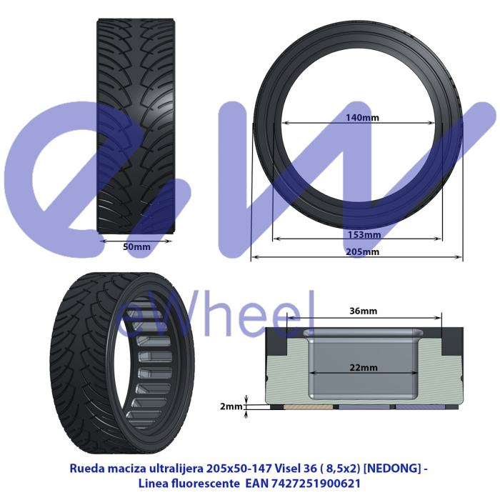 Anvelopa trotineta 8.5"x2.0 FIVESTARS UltraLight, plina, negru/galben fluo [2]