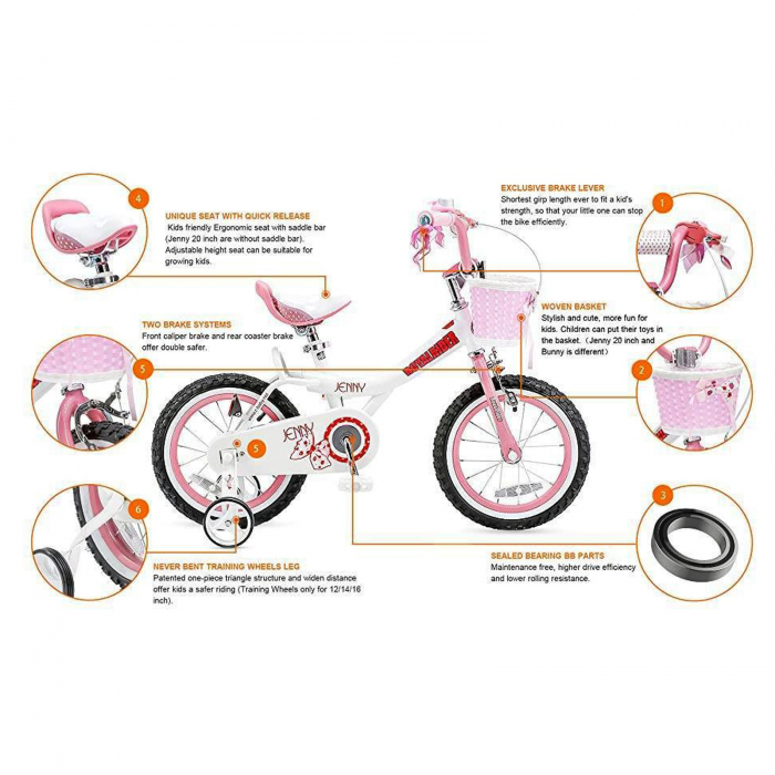 Bicicleta copii 14" ROYAL BABY  Jenny, alb/roz, varsta 3-5 ani [9]