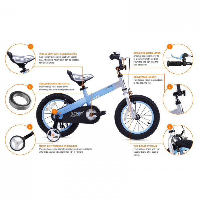 Bicicleta copii 16" ROYAL BABY Buttons, albastru, varsta 4-6 ani [8]