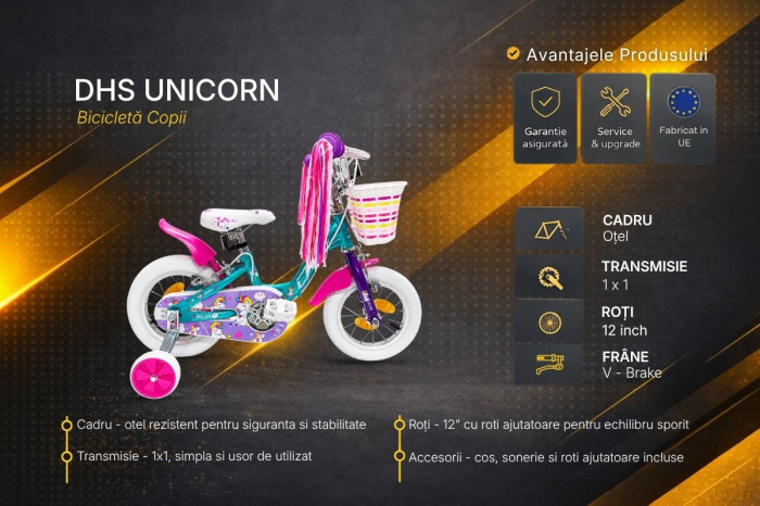 Bicicleta Copii DHS Unicorn - 12 Inch, Albastru/Roz [5]