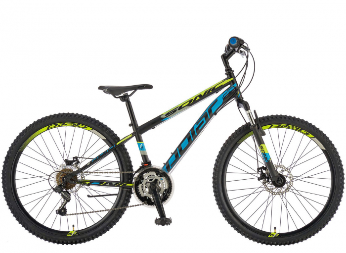 Bicicleta MTB-HT 24" POLAR Sonic FS, cadru otel 12.5", manete RevoShift, frane disc, 18 viteze, negru/albastru [1]